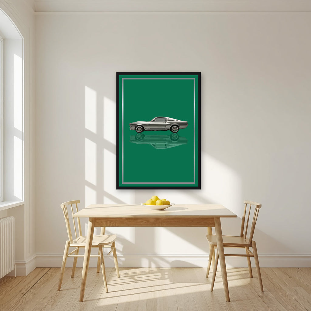 Eleanor – Racing Green art print, in a black frame, styled in a kitchen