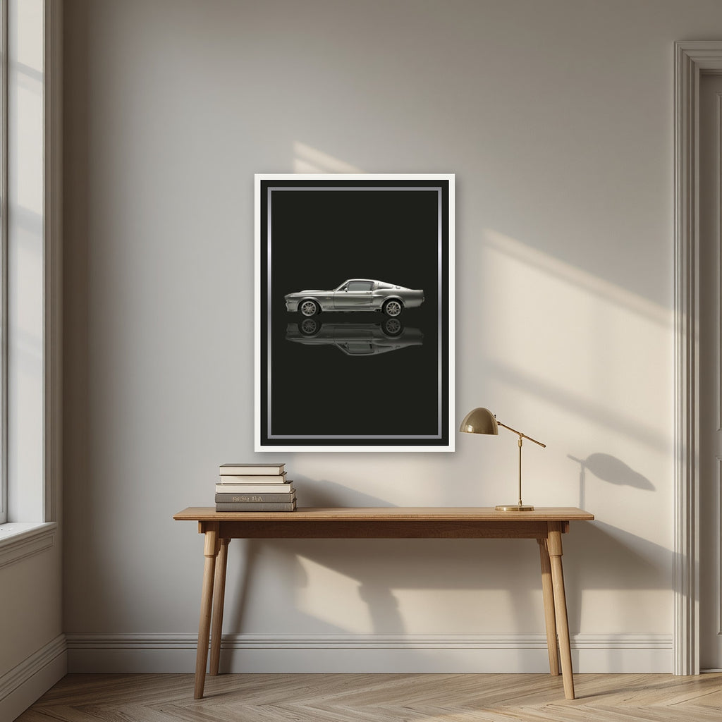 Eleanor – Tarmac Black art print, in a white frame, styled in a desk