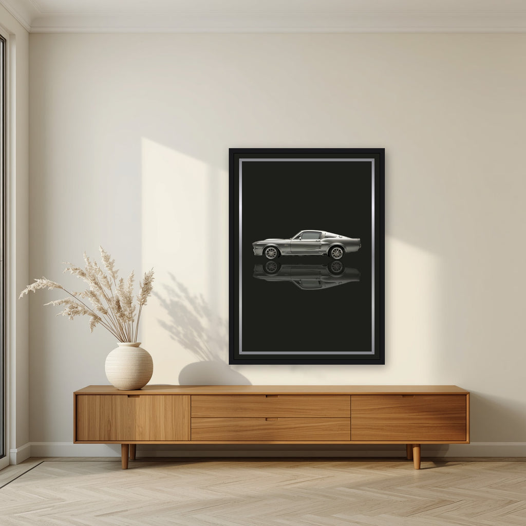 Eleanor – Tarmac Black art print, in a black frame, styled in a living room