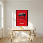I Love It When a Plan Comes Together – Alarm Red art print, in a black frame, styled in a kitchen