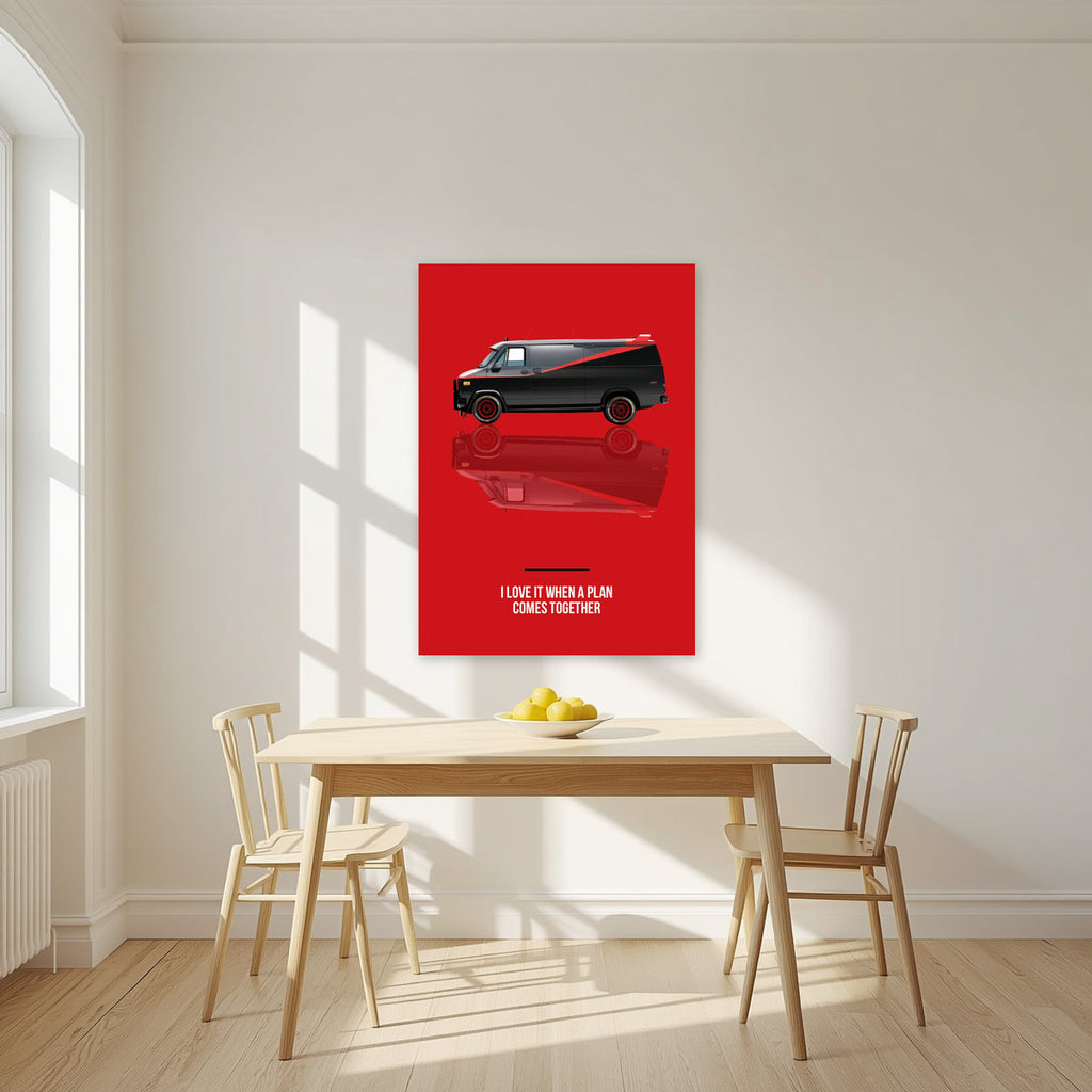 I Love It When a Plan Comes Together – Alarm Red art print, unframed poster, styled in a kitchen