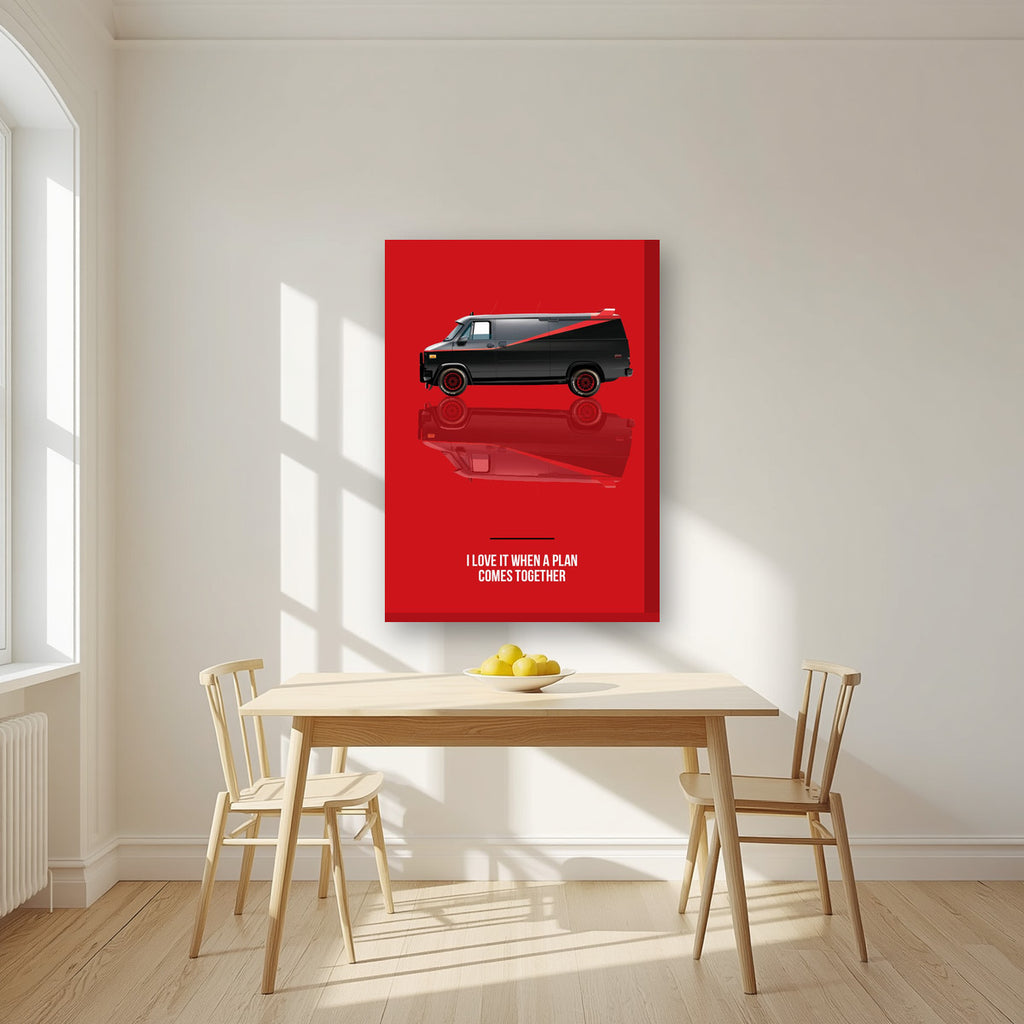 I Love It When a Plan Comes Together – Alarm Red art print, on thick canvas, styled in a kitchen