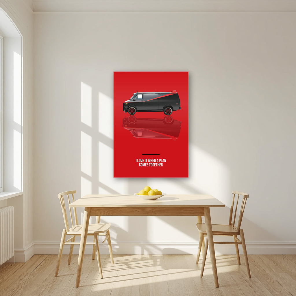 I Love It When a Plan Comes Together – Alarm Red art print, as an acrylic print, styled in a kitchen