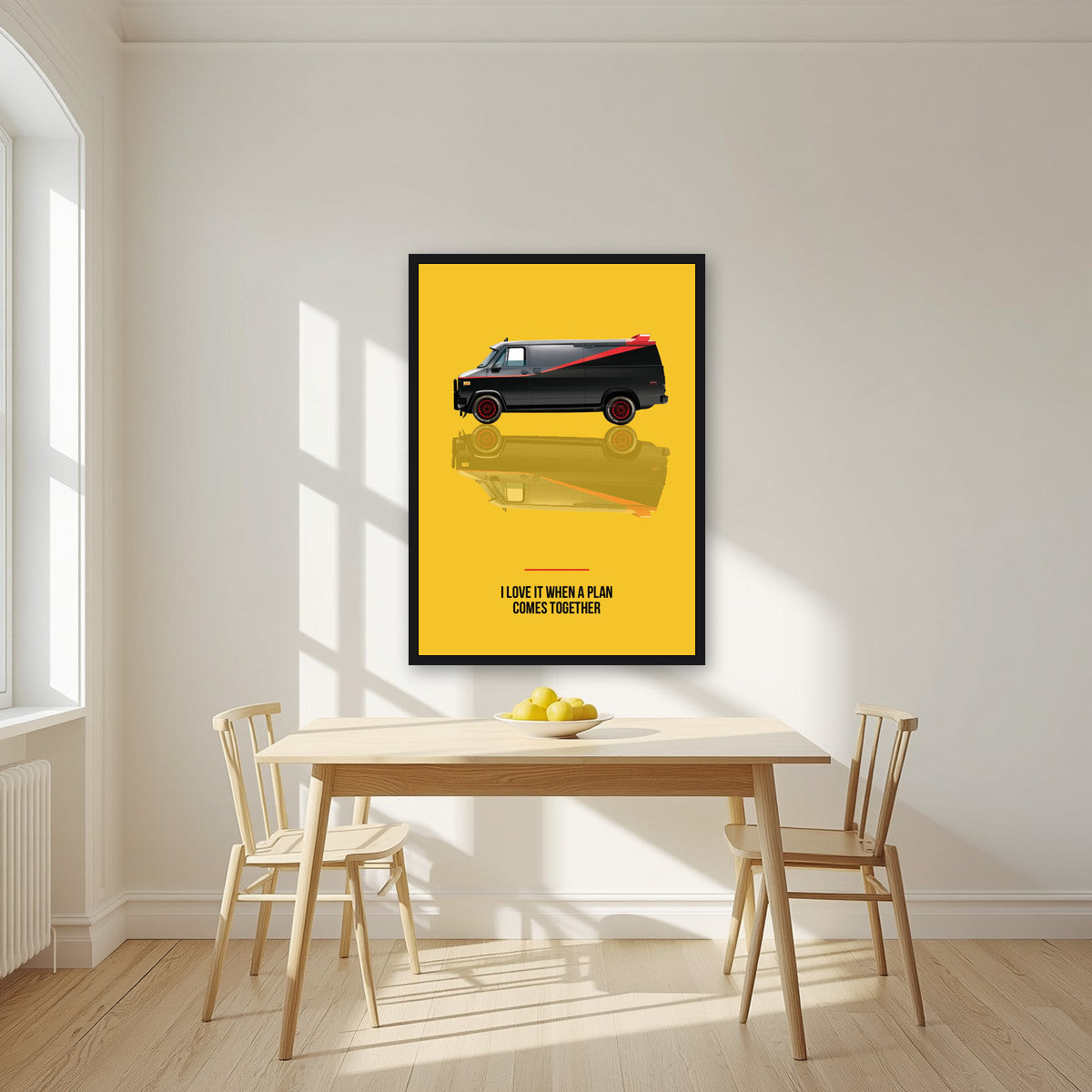 I Love It When a Plan Comes Together – Amber Yellow art print, in a black frame, styled in a kitchen