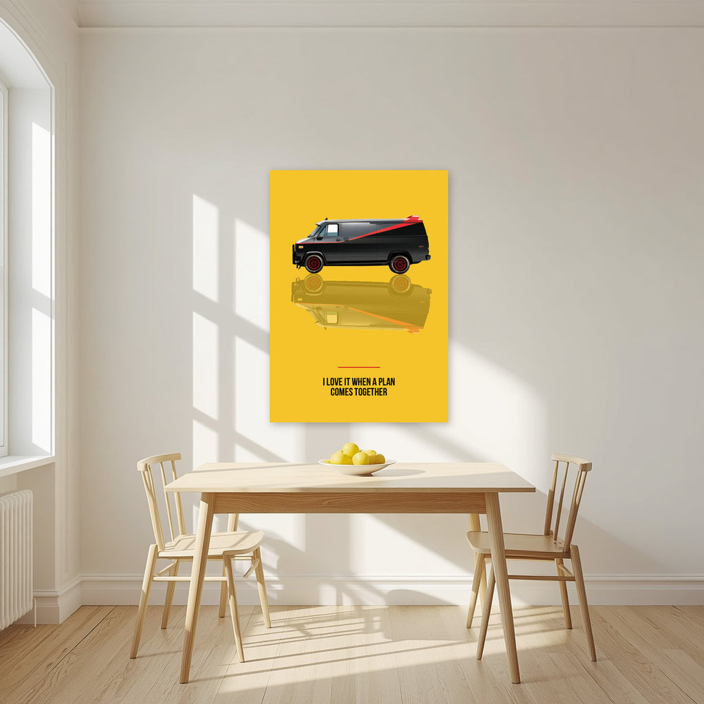 I Love It When a Plan Comes Together – Amber Yellow art print, unframed poster, styled in a kitchen