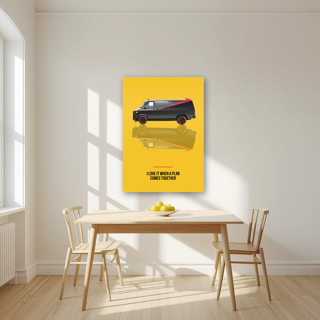 I Love It When a Plan Comes Together – Amber Yellow art print, as an acrylic print, styled in a kitchen