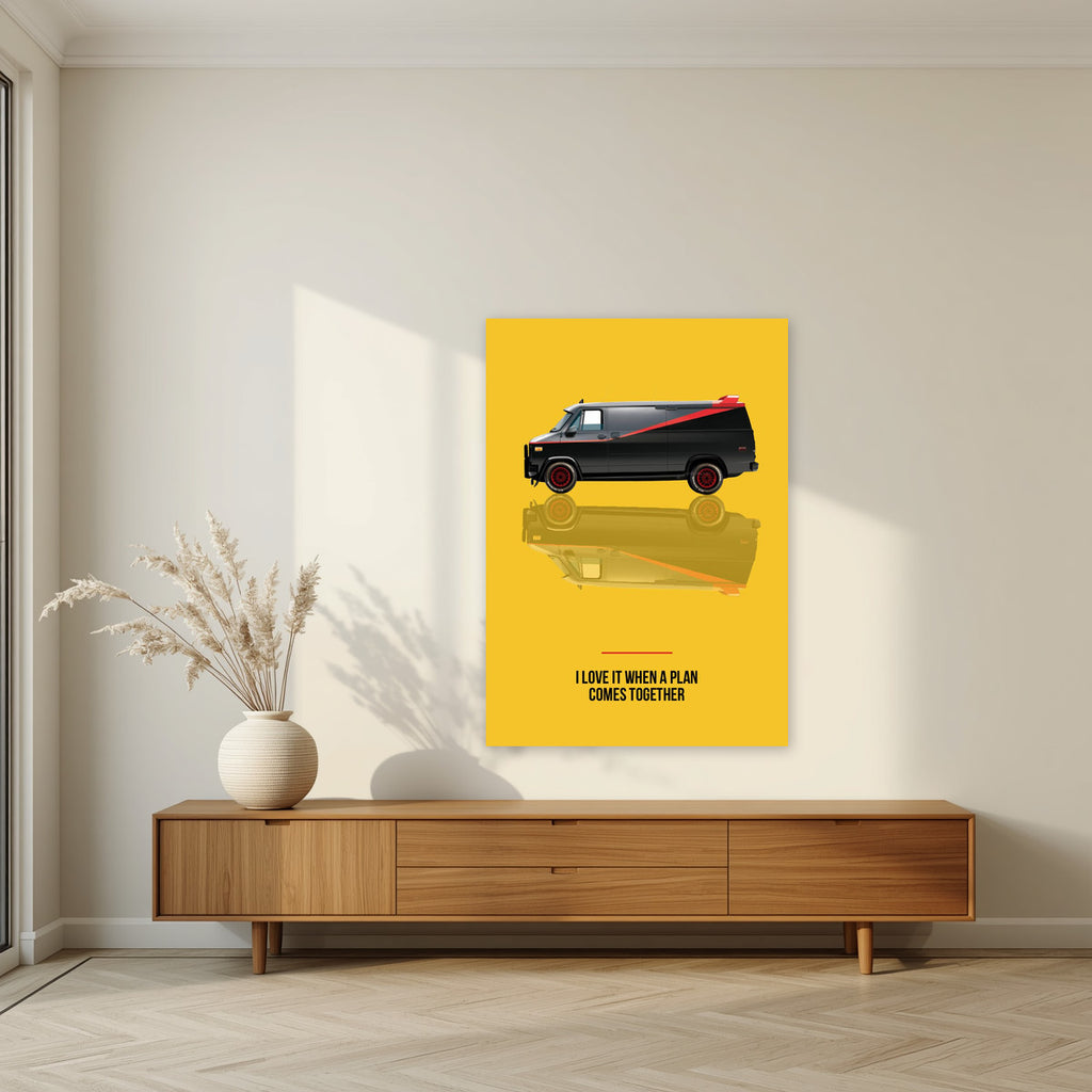I Love It When a Plan Comes Together – Amber Yellow art print, unframed poster, styled in a living room