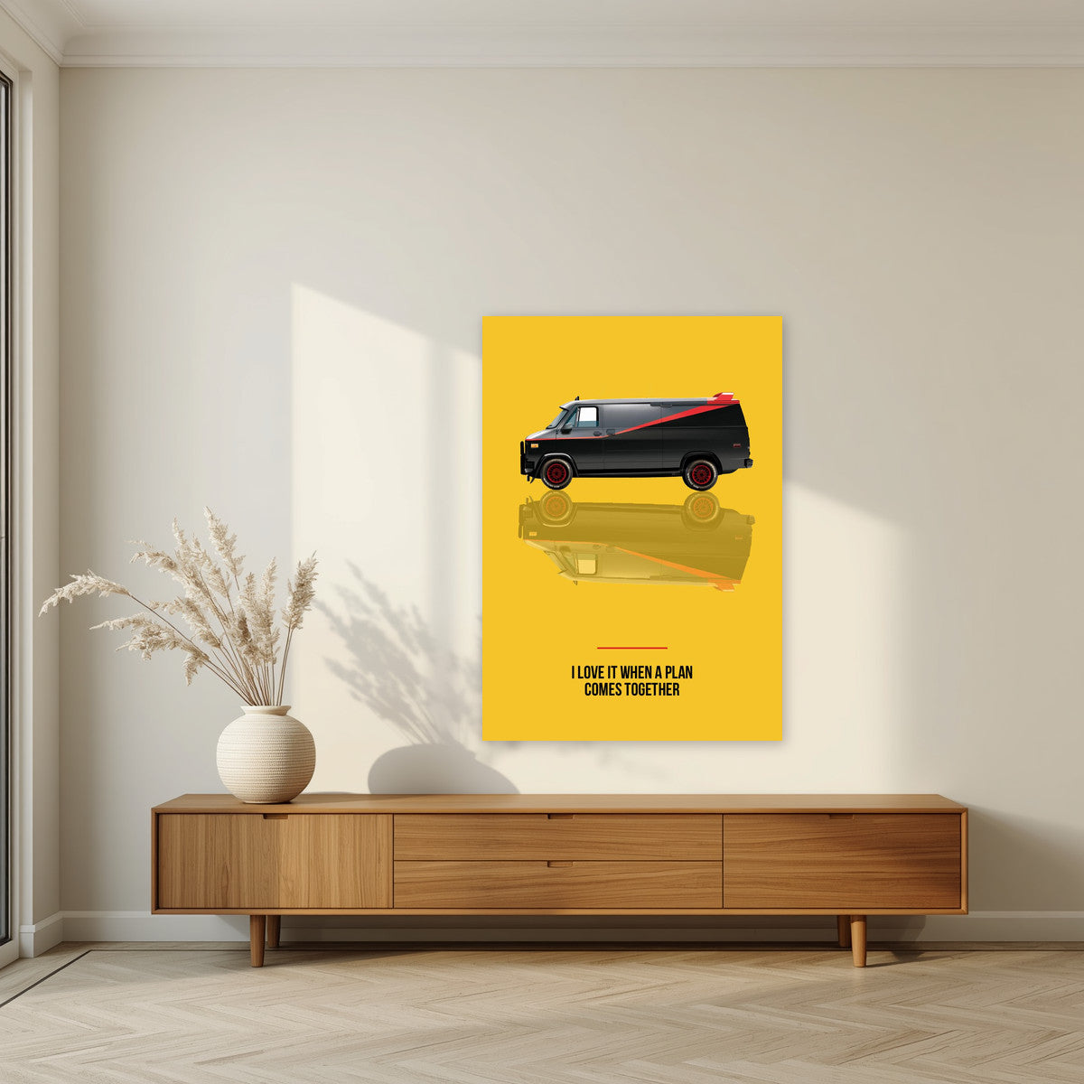 I Love It When a Plan Comes Together – Amber Yellow art print, unframed poster, styled in a living room