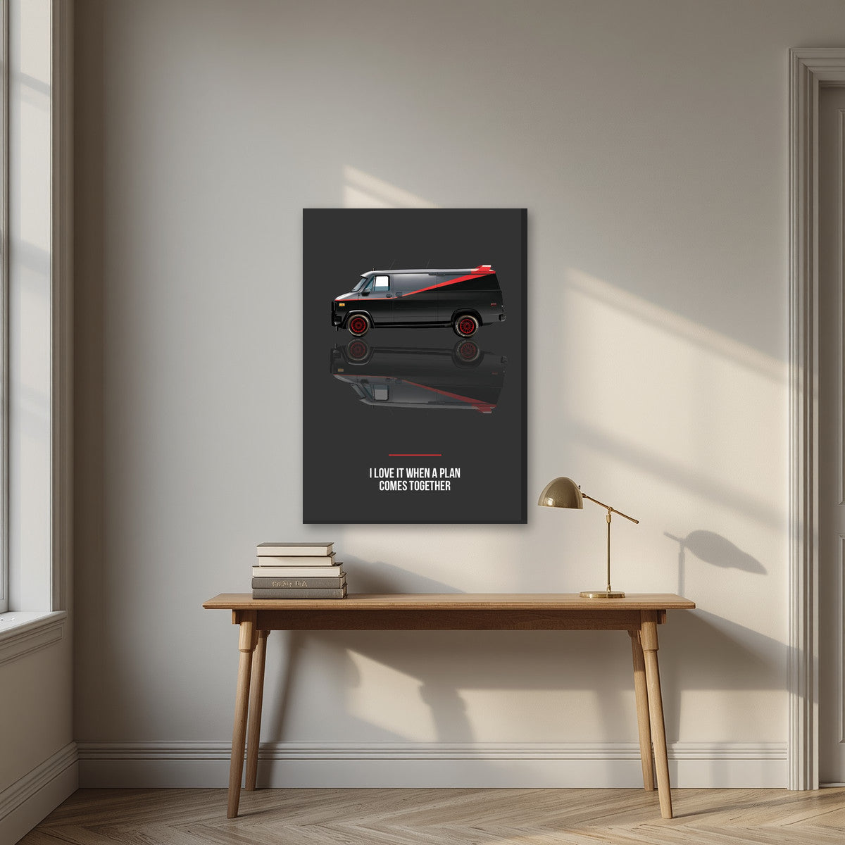 I Love It When a Plan Comes Together – Charcoal art print, on slim canvas, styled in a desk