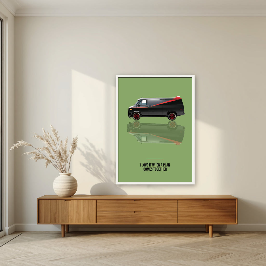 I Love It When a Plan Comes Together – Fatigue Green art print, in a white frame, styled in a living room