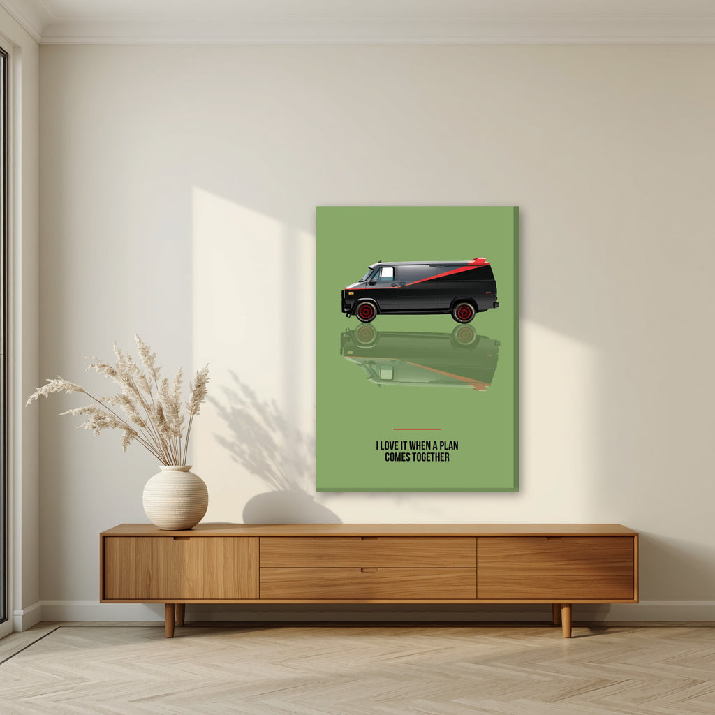 I Love It When a Plan Comes Together – Fatigue Green art print, on slim canvas, styled in a living room