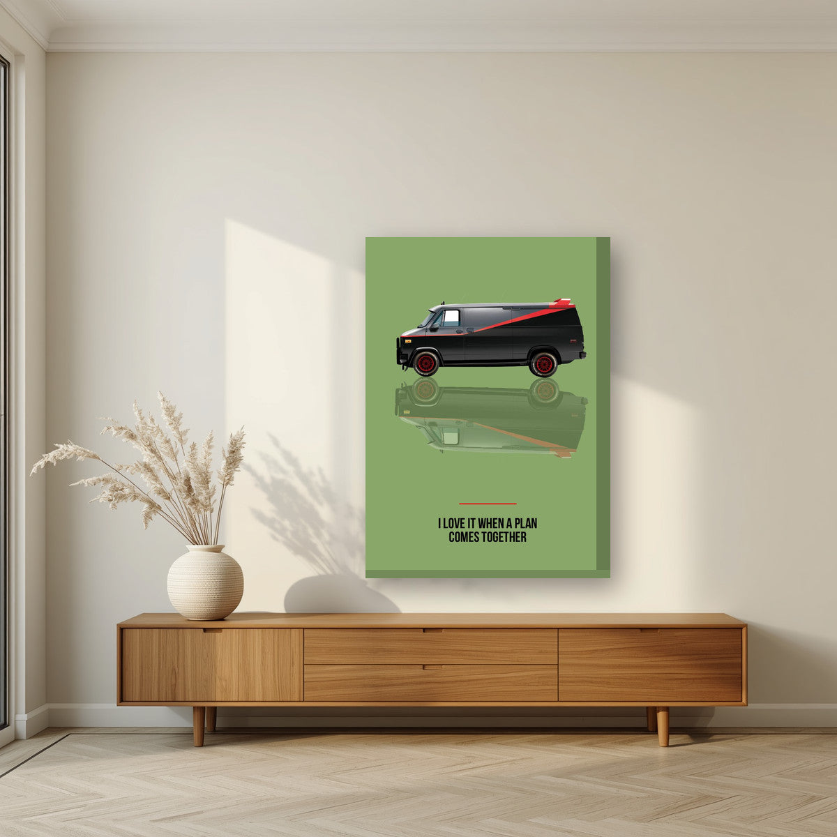 I Love It When a Plan Comes Together – Fatigue Green art print, on thick canvas, styled in a living room
