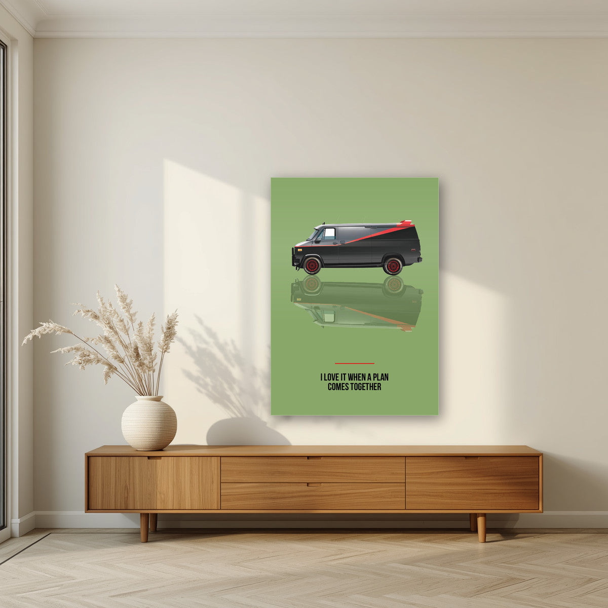 I Love It When a Plan Comes Together – Fatigue Green art print, as an acrylic print, styled in a living room