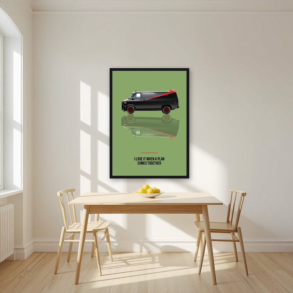 I Love It When a Plan Comes Together – Fatigue Green art print, in a black frame, styled in a kitchen