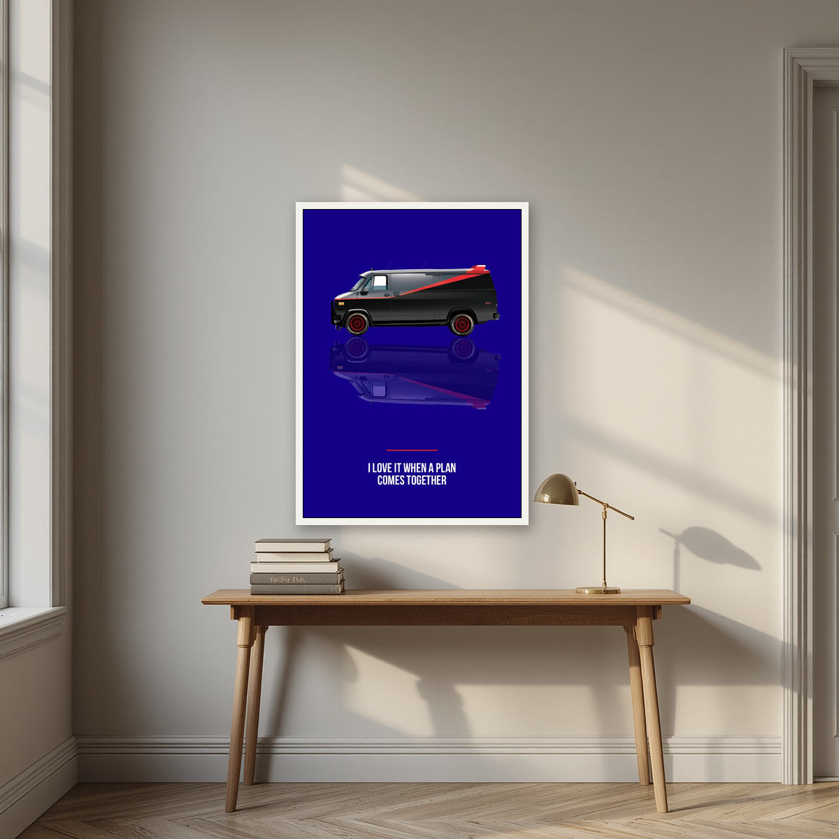 I Love It When a Plan Comes Together – Midnight Navy art print, in a white frame, styled in a desk