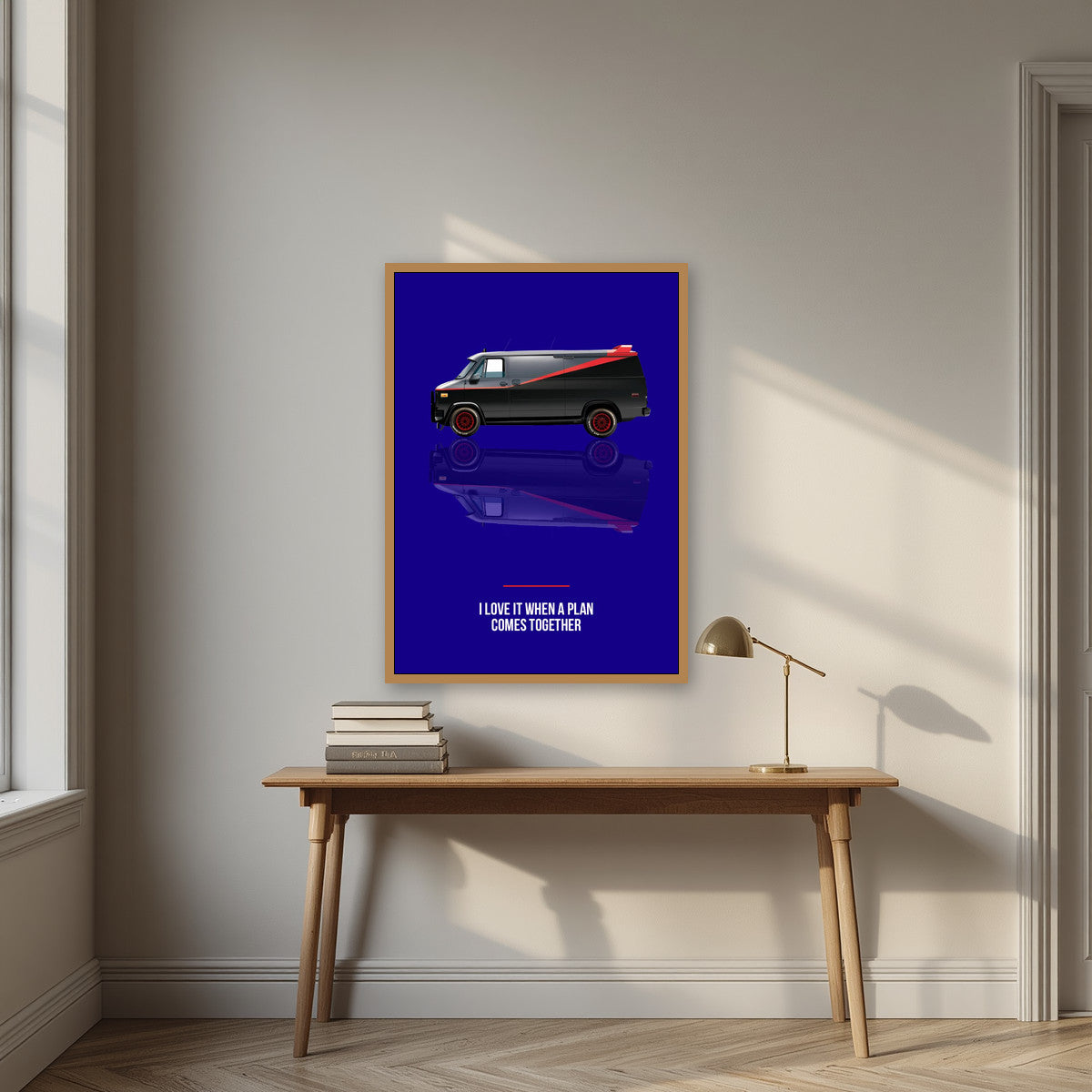 I Love It When a Plan Comes Together – Midnight Navy art print, in an oak frame, styled in a desk