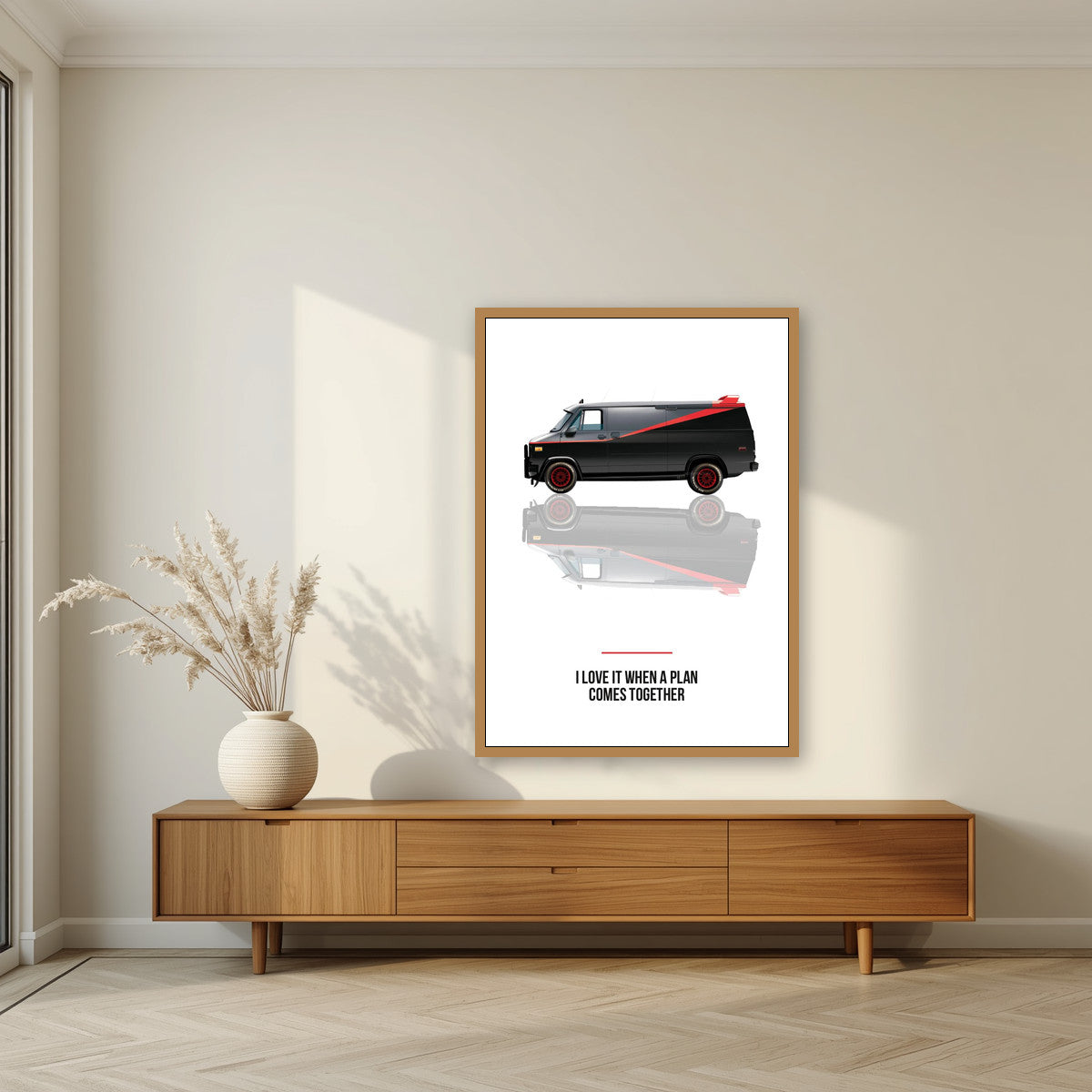 I Love It When a Plan Comes Together – Off White art print, in an oak frame, styled in a living room