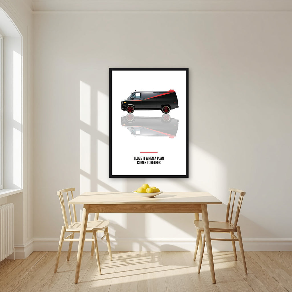 I Love It When a Plan Comes Together – Off White art print, in a black frame, styled in a kitchen