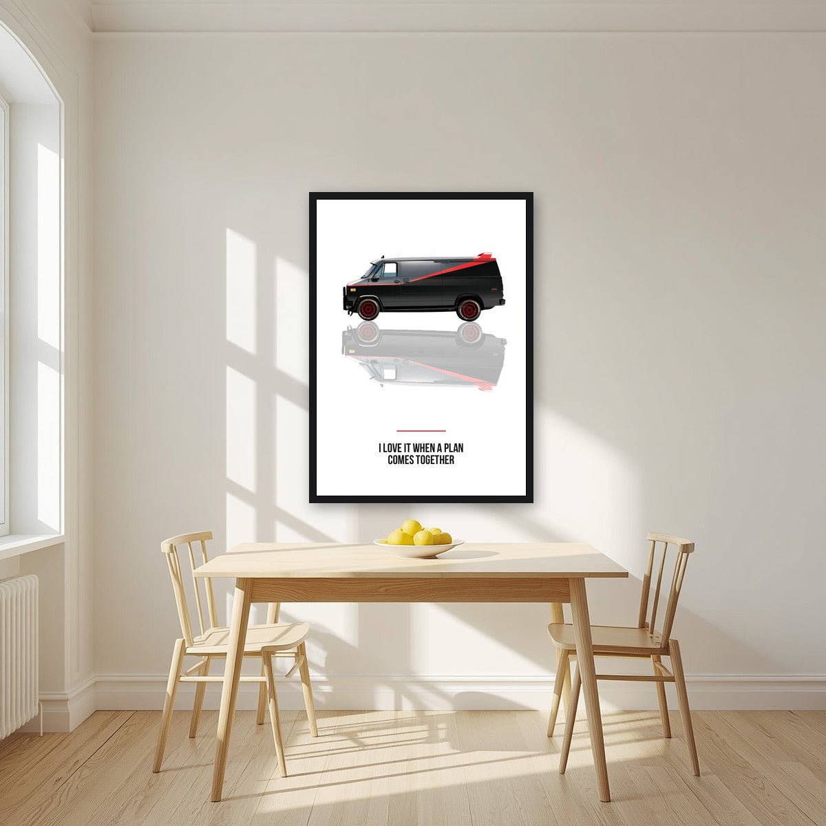 I Love It When a Plan Comes Together – Off White art print, in a black frame, styled in a kitchen