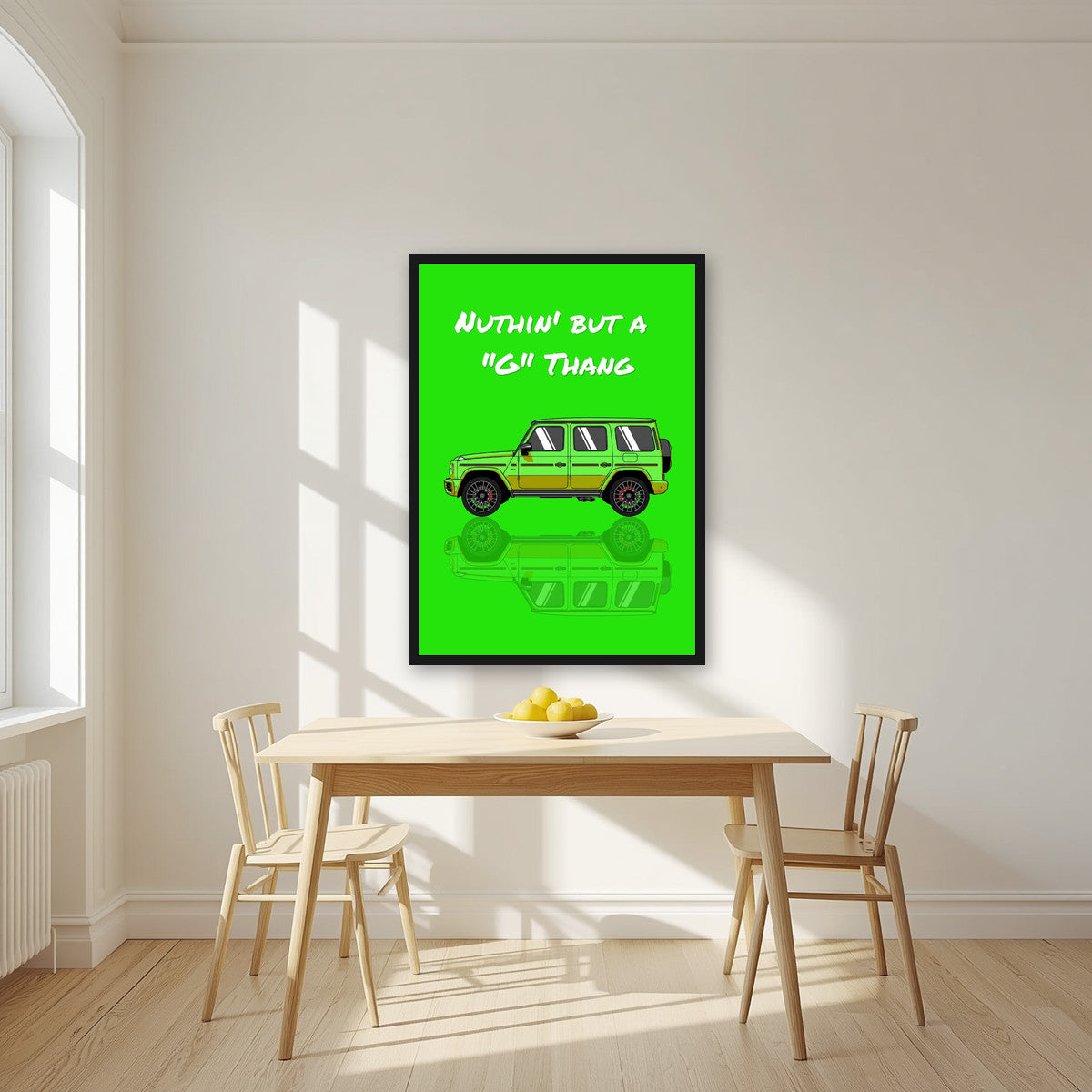 Nuthin' But A "G" Thang – Acid Green art print, in a black frame, styled in a kitchen