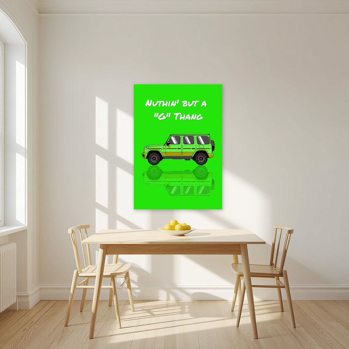 Nuthin' But A "G" Thang – Acid Green art print, unframed poster, styled in a kitchen