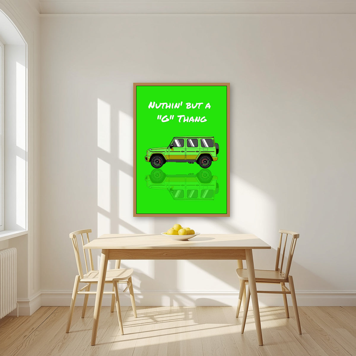Nuthin' But A "G" Thang – Acid Green art print, in an oak frame, styled in a kitchen