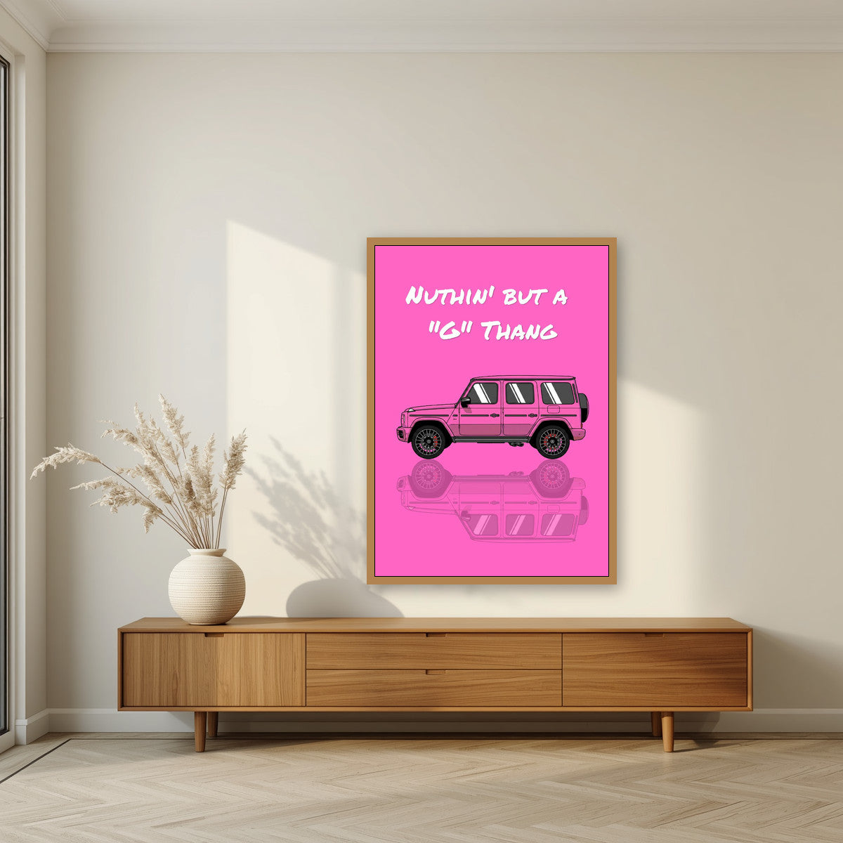 Nuthin' But A "G" Thang – Bubblegum Pink art print, in an oak frame, styled in a living room