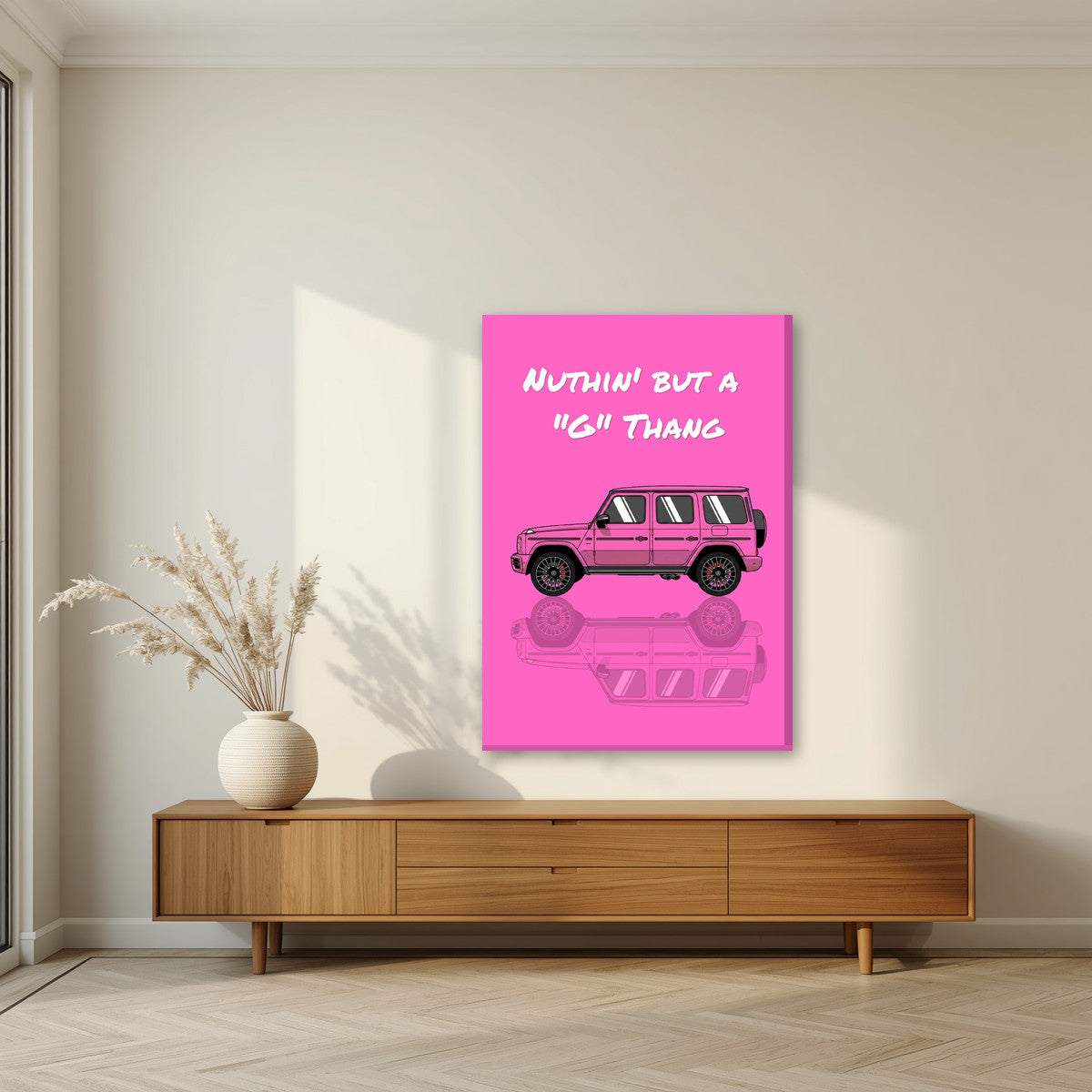 Nuthin' But A "G" Thang – Bubblegum Pink art print, on slim canvas, styled in a living room