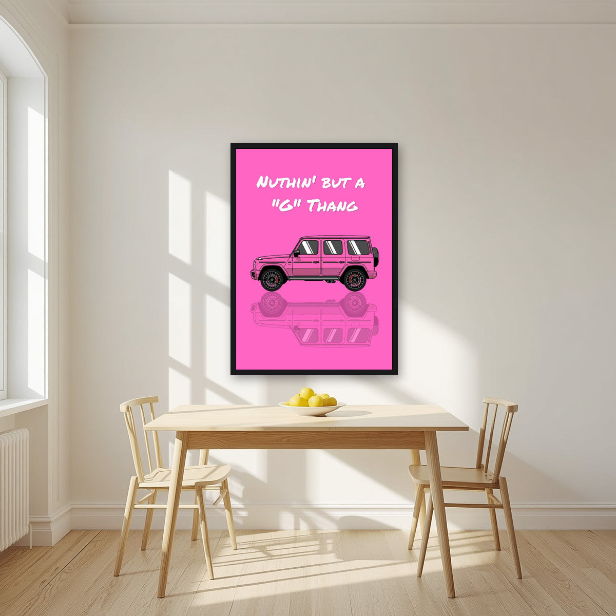 Nuthin' But A "G" Thang – Bubblegum Pink art print, in a black frame, styled in a kitchen