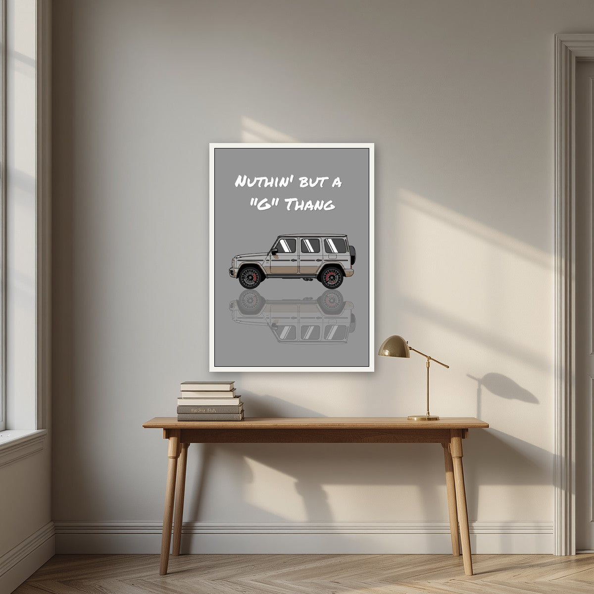 Nuthin' But A "G" Thang – Concrete Grey art print, in a white frame, styled in a desk
