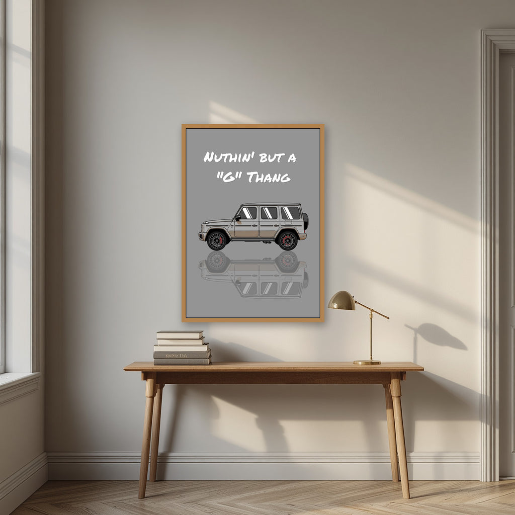 Nuthin' But A "G" Thang – Concrete Grey art print, in an oak frame, styled in a desk