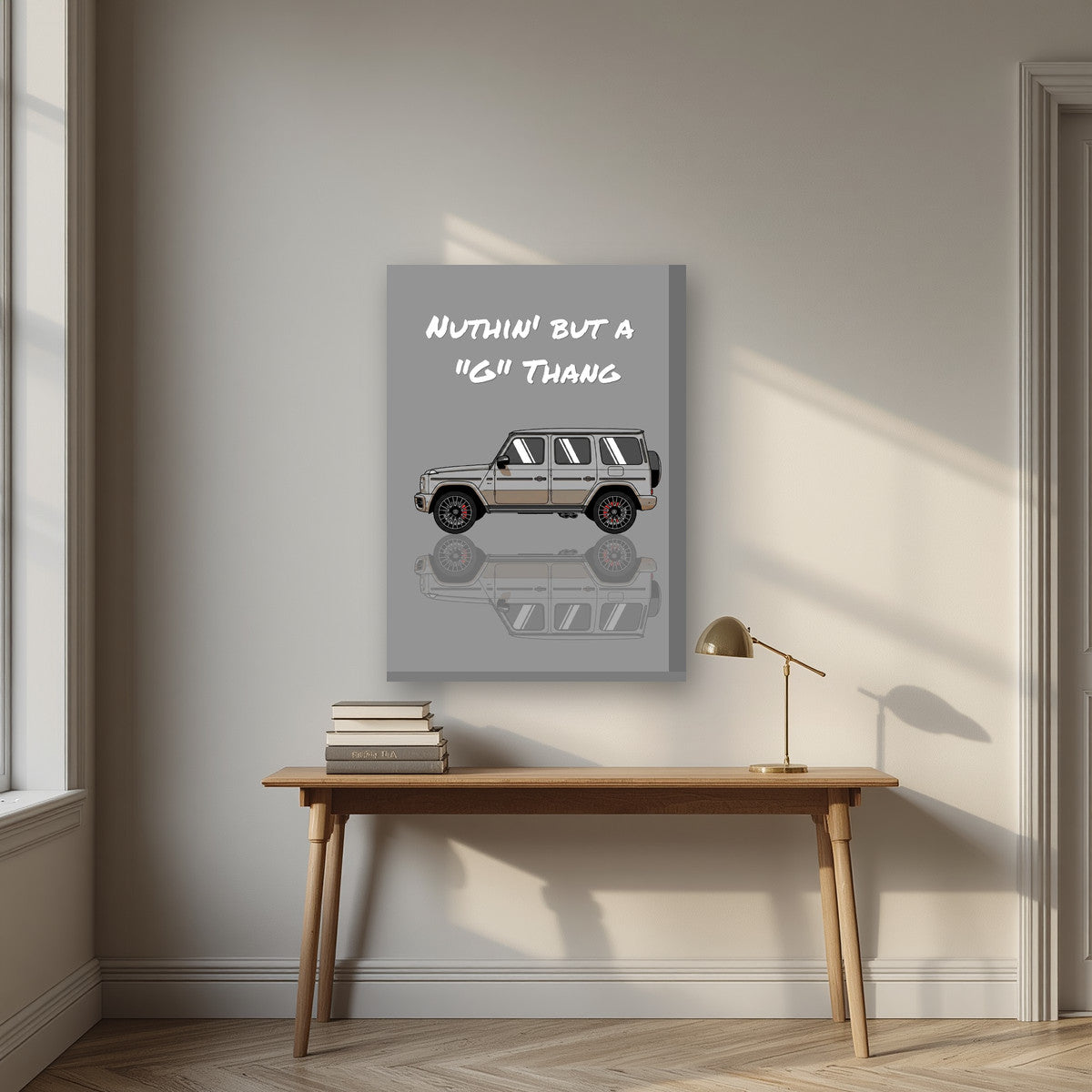 Nuthin' But A "G" Thang – Concrete Grey art print, on thick canvas, styled in a desk
