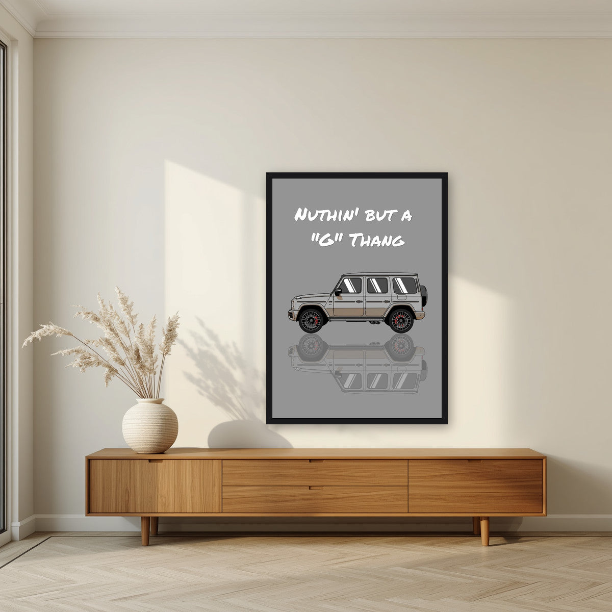 Nuthin' But A "G" Thang – Concrete Grey art print, in a black frame, styled in a living room