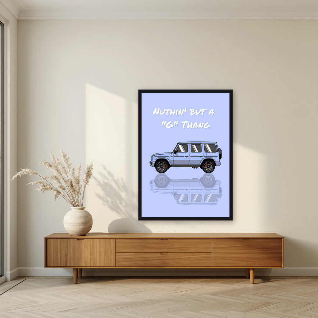 Nuthin' But A "G" Thang – Powder Blue art print, in a black frame, styled in a living room