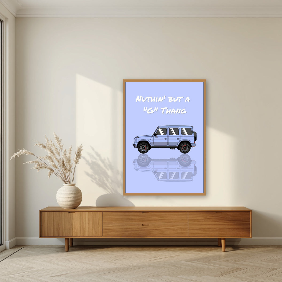 Nuthin' But A "G" Thang – Powder Blue art print, in an oak frame, styled in a living room