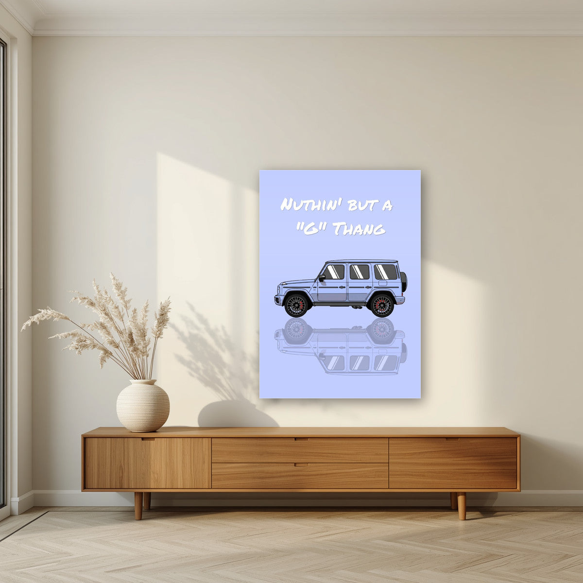 Nuthin' But A "G" Thang – Powder Blue art print, as an acrylic print, styled in a living room