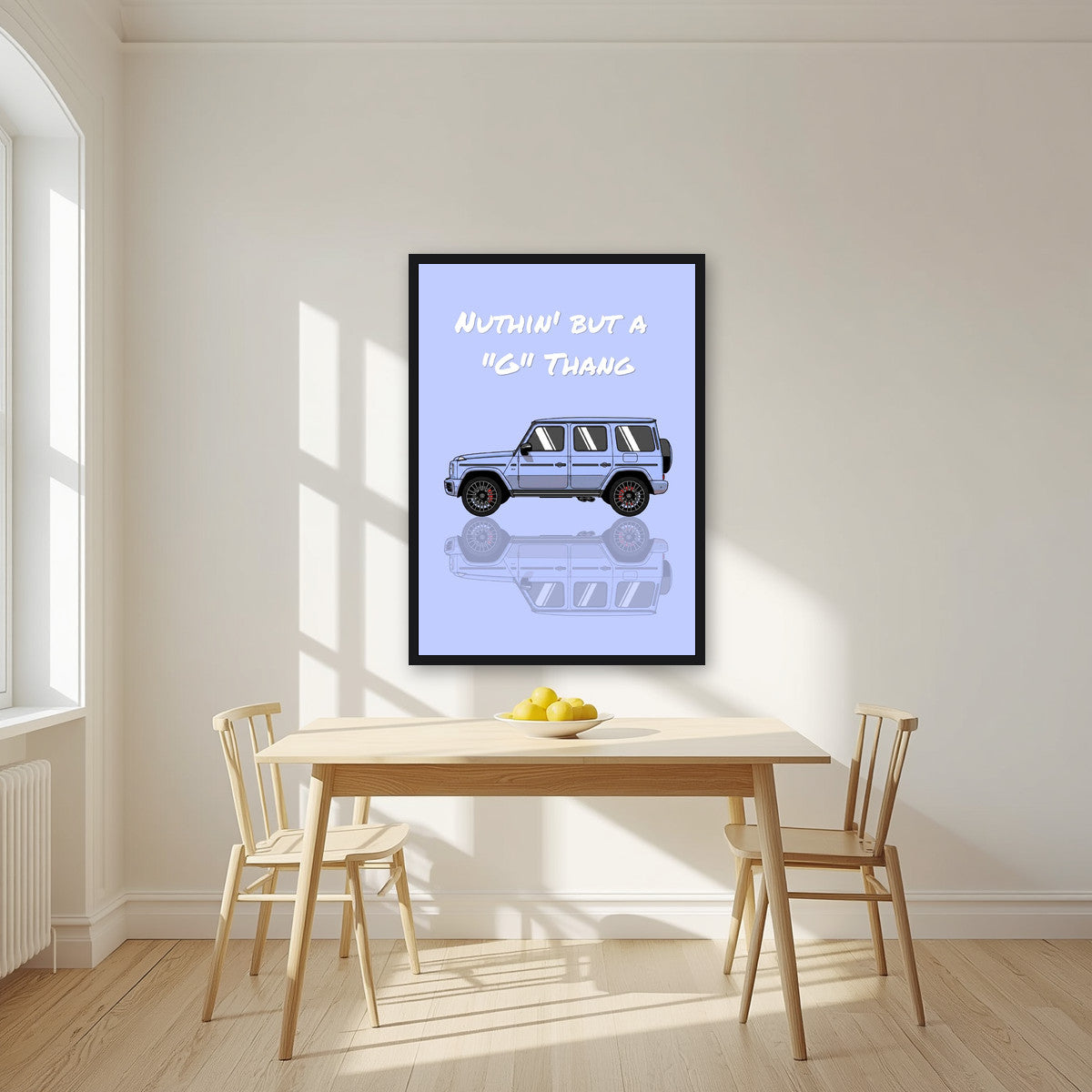 Nuthin' But A "G" Thang – Powder Blue art print, in a black frame, styled in a kitchen
