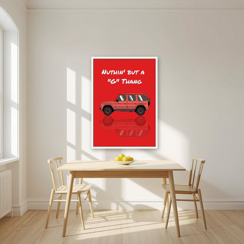 Nuthin' But A "G" Thang – Signal Red art print, in a white frame, styled in a kitchen