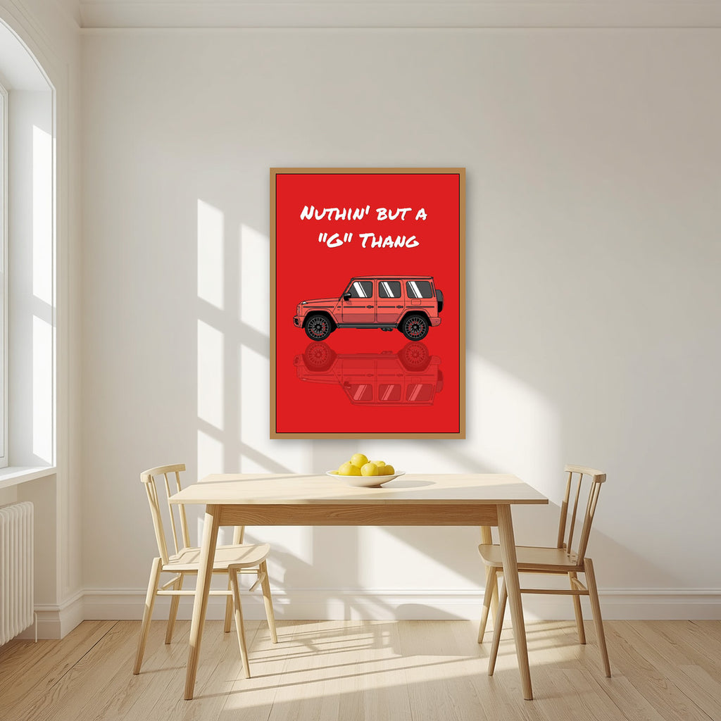 Nuthin' But A "G" Thang – Signal Red art print, in an oak frame, styled in a kitchen