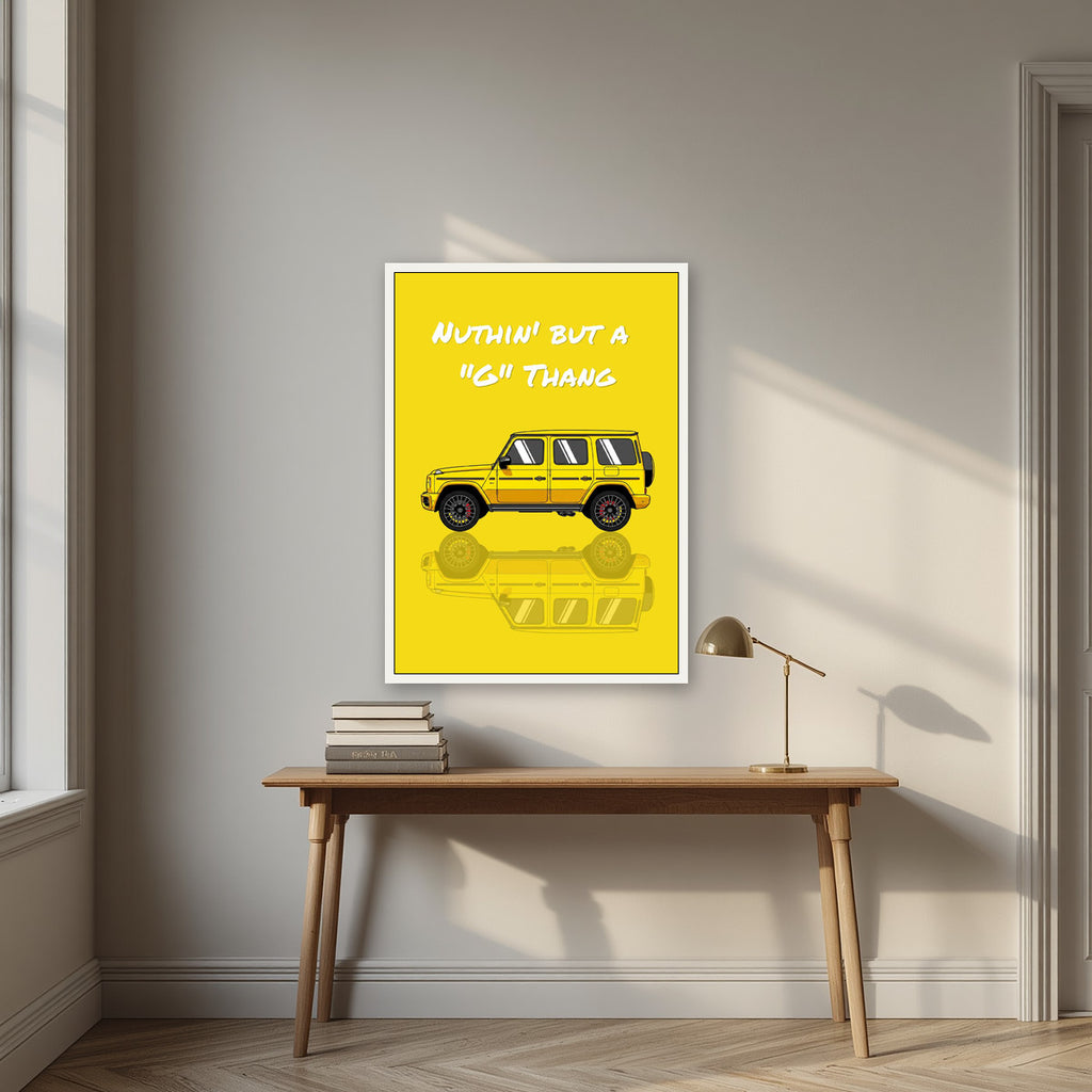 Nuthin' But A "G" Thang – Sunbeam Yellow art print, in a white frame, styled in a desk