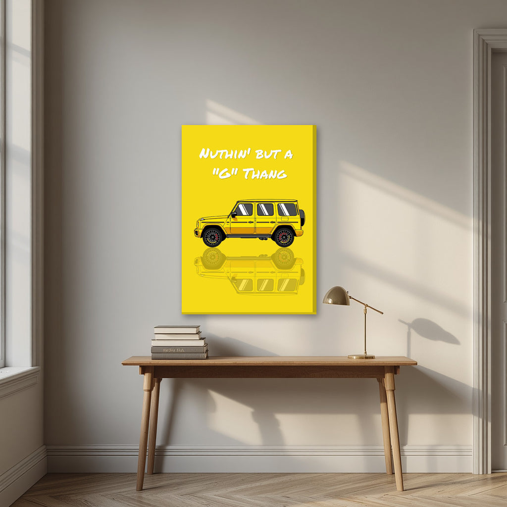 Nuthin' But A "G" Thang – Sunbeam Yellow art print, on slim canvas, styled in a desk