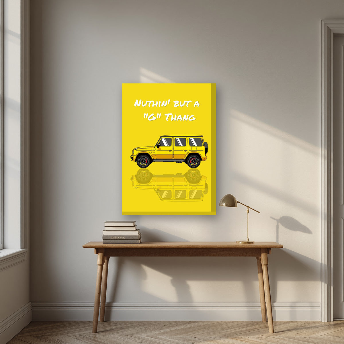 Nuthin' But A "G" Thang – Sunbeam Yellow art print, on thick canvas, styled in a desk