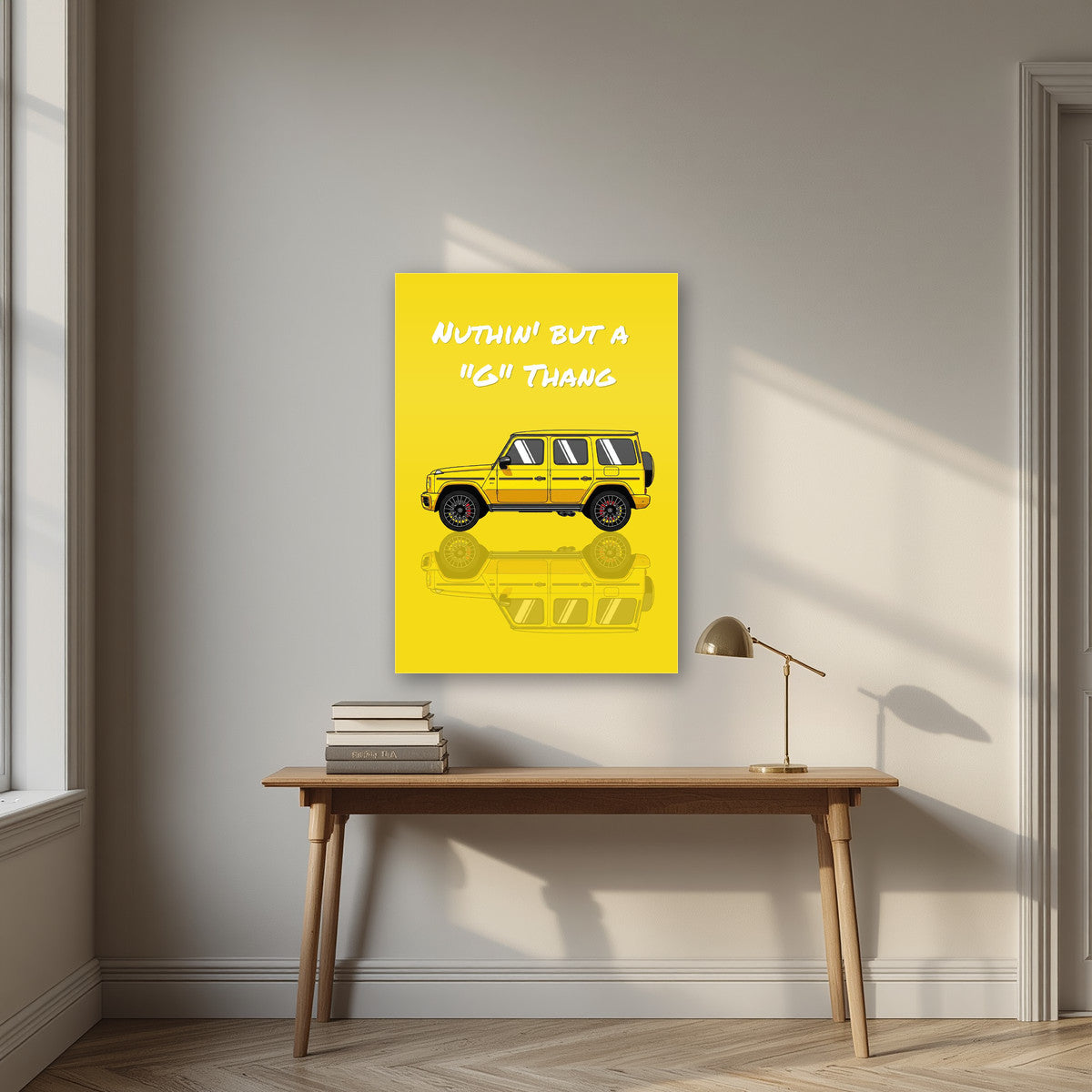 Nuthin' But A "G" Thang – Sunbeam Yellow art print, as an acrylic print, styled in a desk
