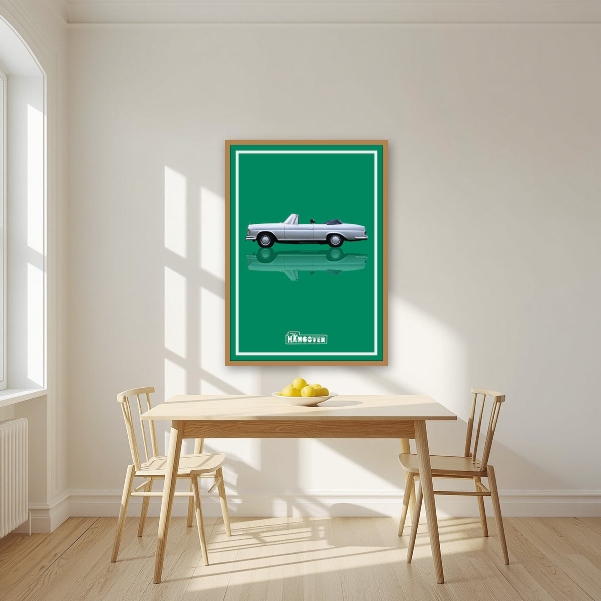 The Hangover – Casino Green art print, in an oak frame, styled in a kitchen