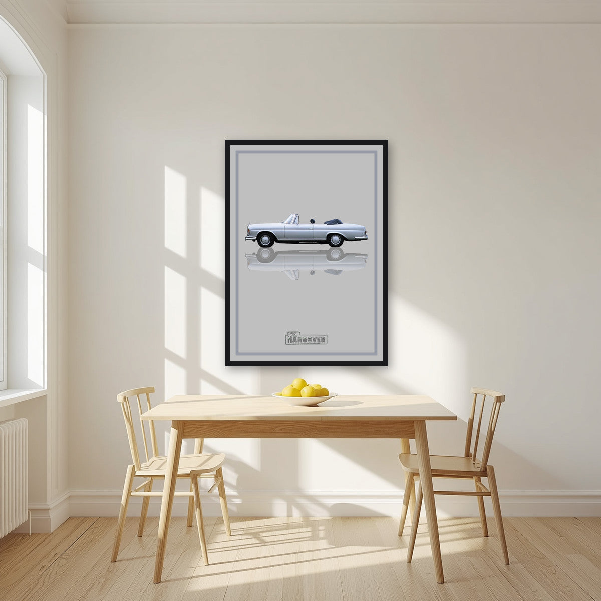 The Hangover – Silver Mist art print, in a black frame, styled in a kitchen