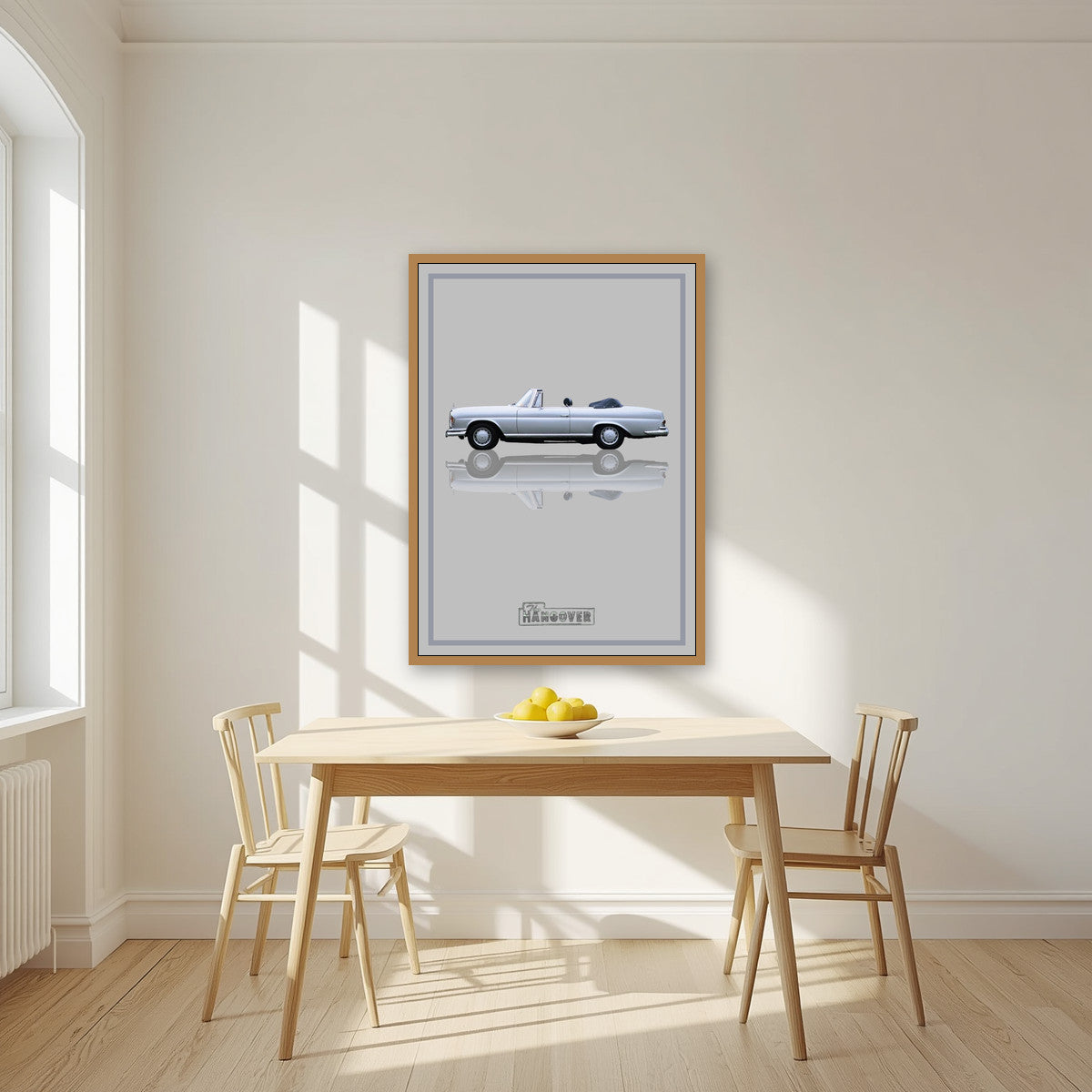 The Hangover – Silver Mist art print, in an oak frame, styled in a kitchen