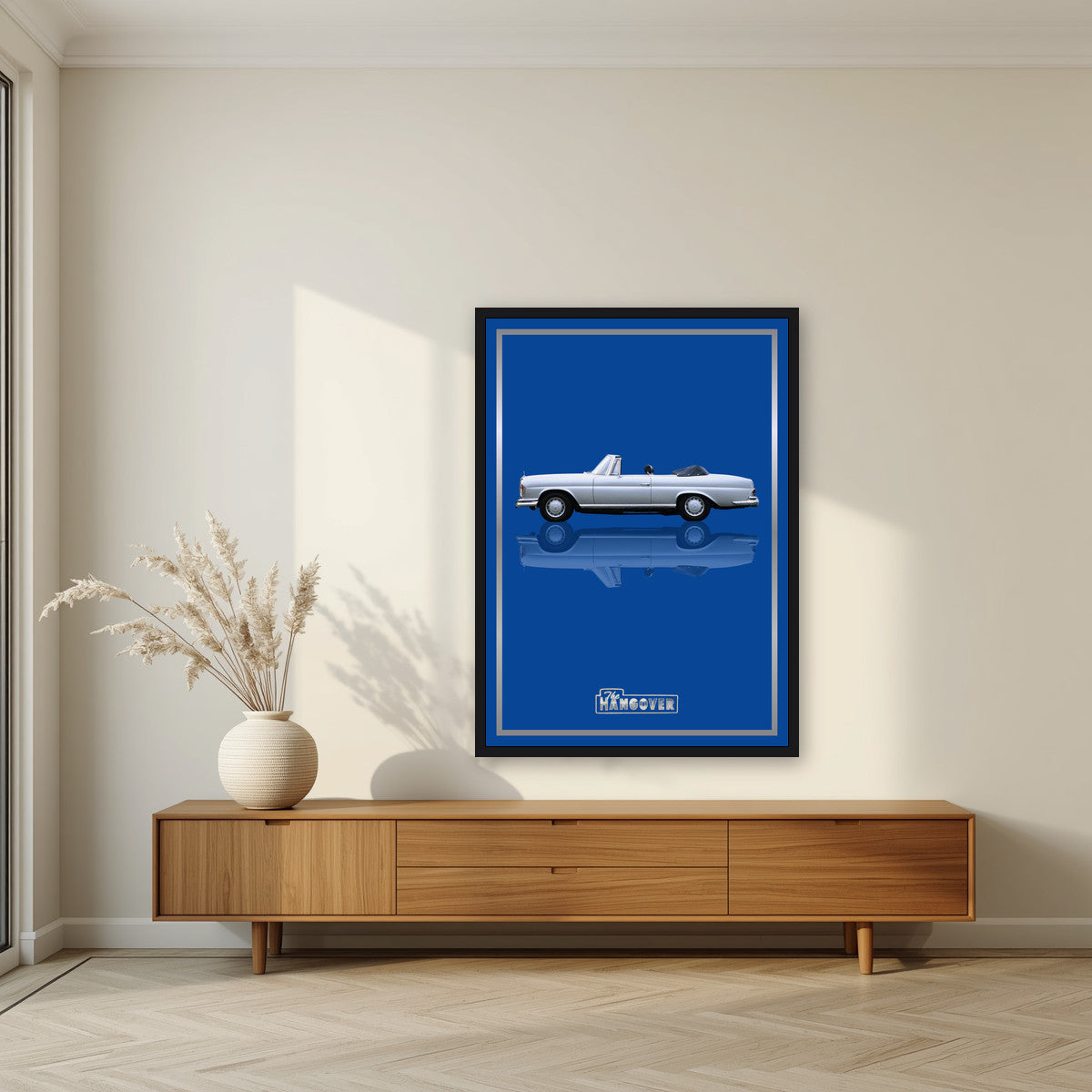 The Hangover – Vegas Blue art print, in a black frame, styled in a living room