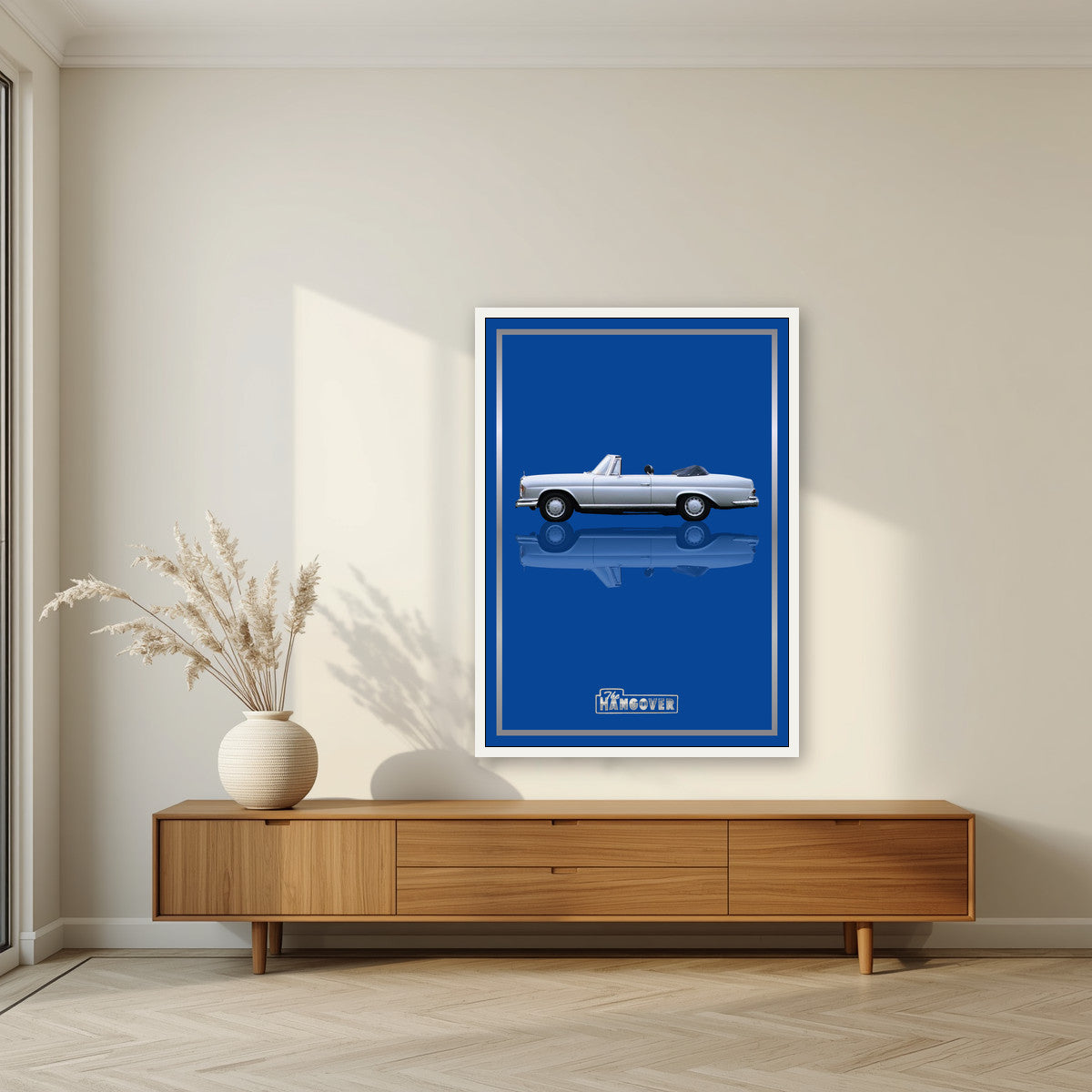 The Hangover – Vegas Blue art print, in a white frame, styled in a living room