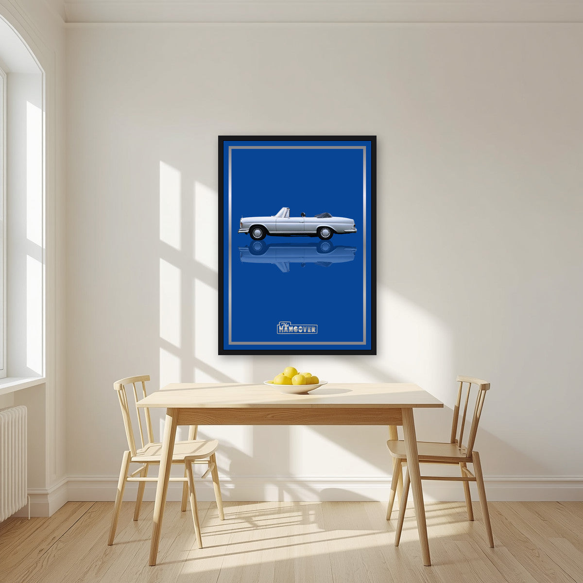 The Hangover – Vegas Blue art print, in a black frame, styled in a kitchen