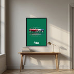 The Italian Job – Alpine Green art print, in a black frame, styled in a desk